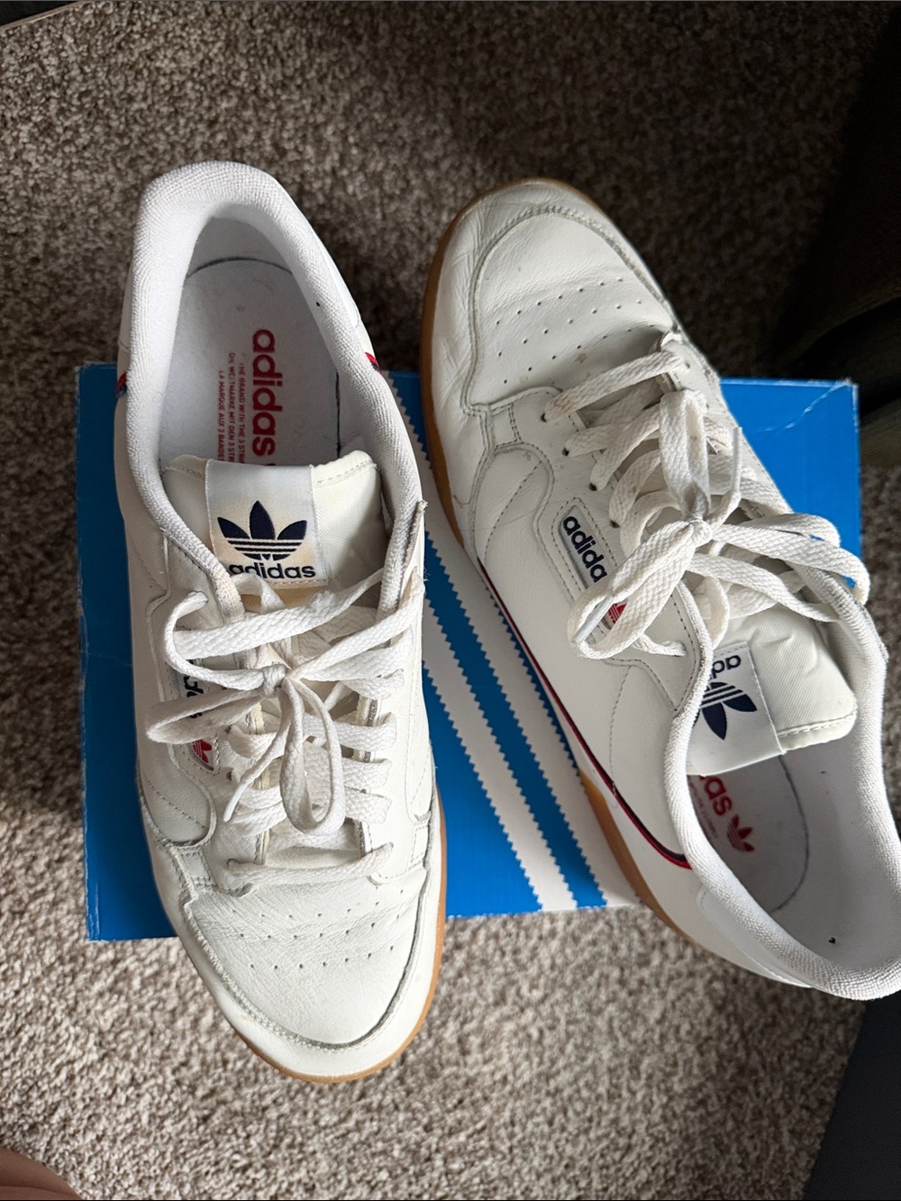 adidas White Leather Trainers with Navy & Red Accents